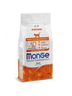 Monge-Gatto-Kitten-Anatra-1.5kg è un alimento completo per gatti
